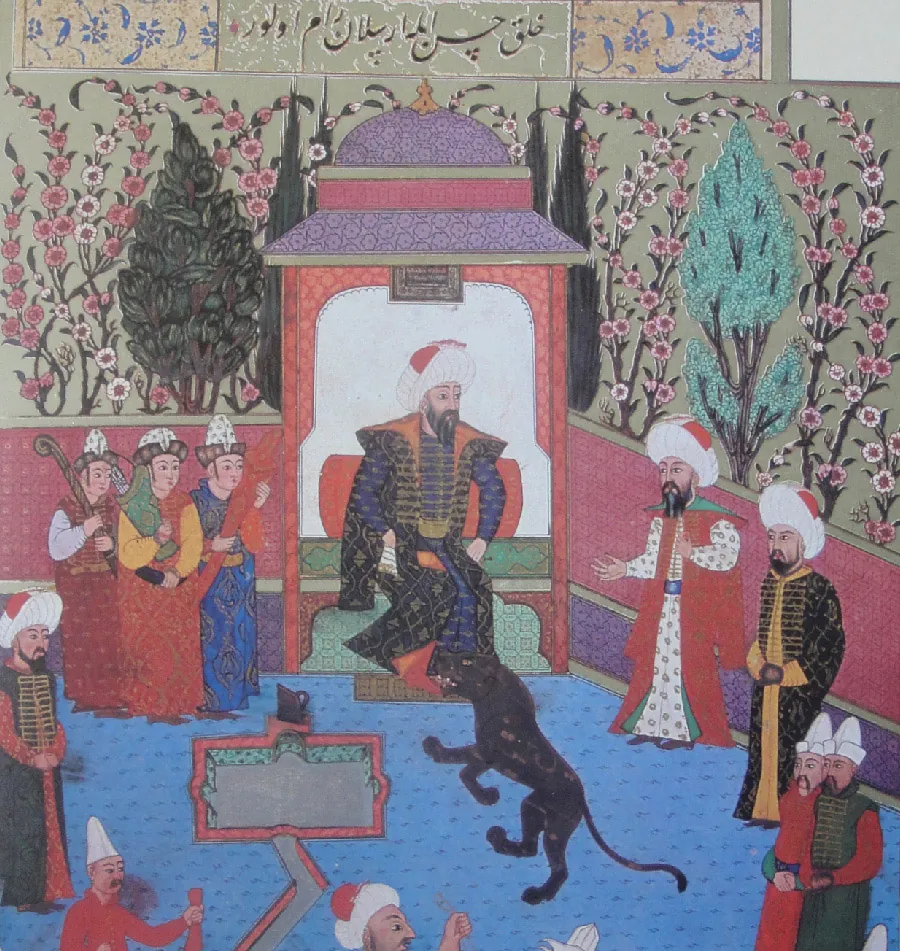 A painting of a man with a black beard seated on a throne in the middle of a courtyard with a blue floor is shown. He wears blue and black long robes with gold stripes on his chest. On his head is a white turban with red adornments at the top. A dark black panther-like animal is walking toward him while a rectangular pool is located in the middle with a zigzag drain running from it to the bottom of the painting. To the left of the throne, three men stand huddled close together, each dressed in colorful long robes and gold adorned long domed hats. Each holds a long object. To the left stands a man with a long black beard, wearing long blue and red robes adorned with gold stripes on his chest, wearing a white and red turban on his head. To the right of the man on the throne stand two men apart from each other, with black beards, ornate and colorful robes, and white and red turbans on their heads. In the bottom right of the painting stand two men very close together in green and red robes, with black moustaches, and white dimed hats on their heads. Along the bottom of the painting two men’s heads are shown with white and red domed hats. Trees and pink and white flowers are visible in the background behind a red and purple wall. Text runs across the top of the painting.