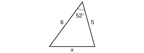 A triangle. One angle is 52 degrees with opposite side = x. The other two sides are 5 and 6.