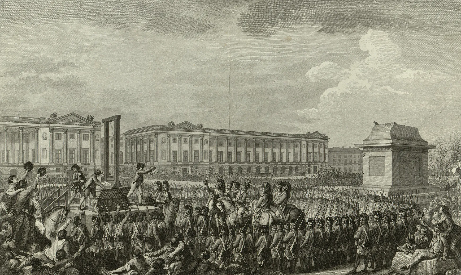 A engraving depicts the beheading of Louis XVI during the French Revolution. A large crowd surrounds a scaffold on which a guillotine is mounted. Louis XVI’s headless body lies on the platform. An executioner holds his head up to the crowd.