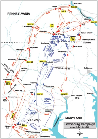 A map of the Gettysburg campaign is shown.