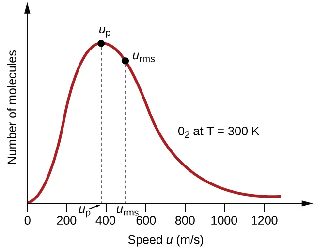 A graph is shown. The horizontal axis is labeled, “Speed u ( m divided by s ).” This axis is marked by increments of 20 beginning at 0 and extending up to 120. The vertical axis is labeled, “Fraction of molecules.” A positively or right-skewed curve is shown in red which begins at the origin and approaches the horizontal axis around 120 m per s. At the peak of the curve, a point is indicated with a black dot and is labeled, “v subscript p.” A vertical dashed line extends from this point to the horizontal axis at which point the intersection is labeled, “v subscript p.” Slightly to the right of the peak a second black dot is placed on the curve. This point is labeled, “v subscript r m s.” A vertical dashed line extends from this point to the horizontal axis at which point the intersection is labeled, “v subscript r m s.” The label, “O subscript 2 at T equals 300 K” appears in the open space to the right of the curve.