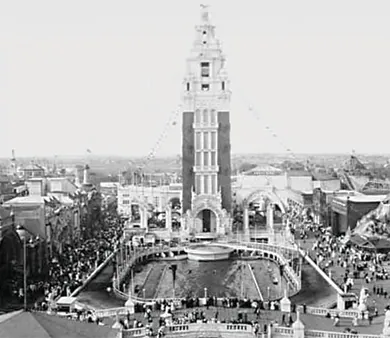 A photograph shows the Dreamland Amusement Park tower at Coney Island.