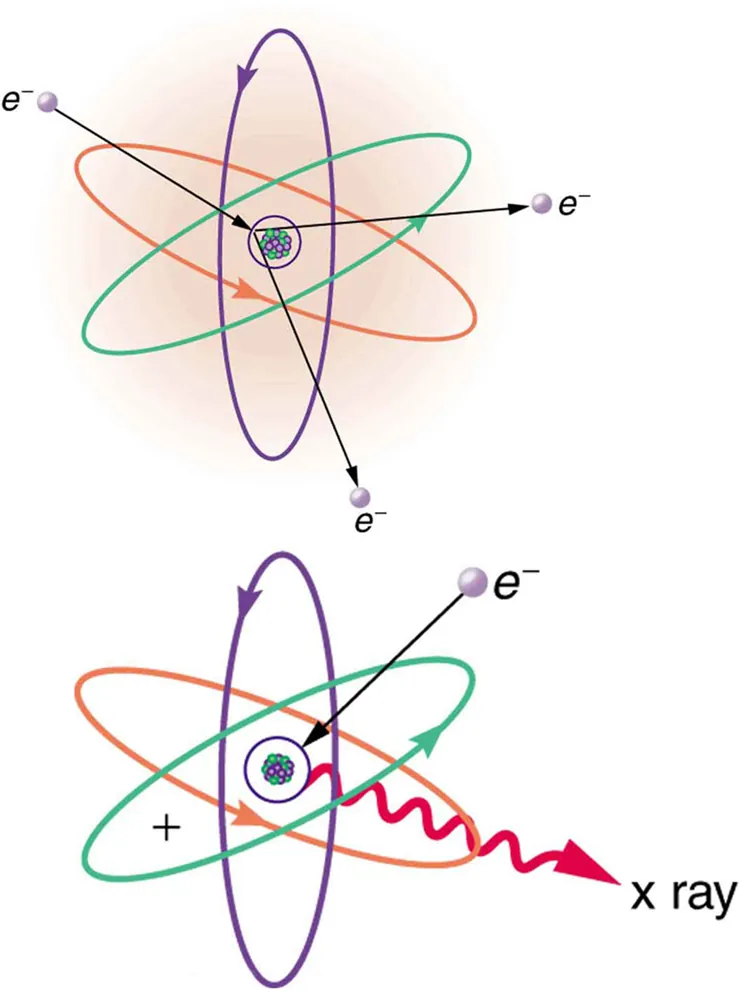 An atom is shown. The nucleus is in the center as a cluster of small spheres packed together. Four electron orbits are shown around the nucleus. The one close to the nucleus is circular. All the other orbits are elliptical in nature and inclined at various angles. An electron, represented as a tiny sphere, is shown to strike the atom. An electron is shown knocked out from the closest orbit. A second image of the same atom illustrates another electron striking innermost orbit; a wavy red arrow representing an x ray is shooting away from the innermost orbit.