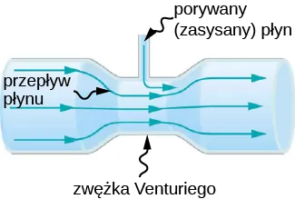 Rysunek przedstawia rurę z wąskim odcinkiem nazwaną rurką Venturiego. Dodatkowe połączenie umożliwia napływ płynu do jej wnętrza. 