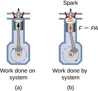 There are two illustrations representing an engine cylinder with a piston. The first figure is labeled Work done on a system (a) and has a piston at the top of the stroke with a black arrow pointing up toward the top of the cylinder. The second figures is labeled Work done by system (b) and has the cylinder moving down and clockwise around the center of the cylinder. At the top of the second diagram is red arrow pointing down toward the bottom of the cylinder and the equation F = PA.