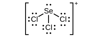 Una estructura de Lewis muestra un átomo de selenio con un par solitario de electrones que tiene un enlace simple con tres átomos de cloro, cada uno con tres pares solitarios de electrones. Toda la estructura está entre corchetes.