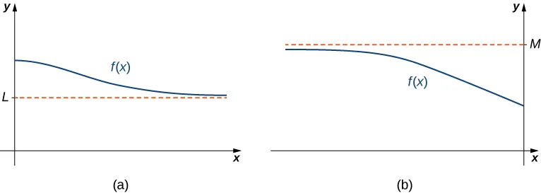La figura se divide en dos figuras denominadas a y b. La figura a muestra una función f(x) que se aproxima a una línea horizontal discontinua que nunca toca marcada como L desde arriba. La figura b muestra una función f(x) que se aproxima a, pero nunca toca, una línea horizontal discontinua marcada como M desde abajo.