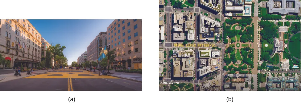 Photo A shows a street from ground level with large yellow letters painted; a “B” is visible. Photo B shows an aerial view of a street painted with the phrase “Black Lives Matter.”