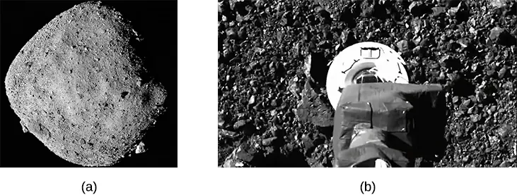 a) Image of near-Earth Asteroid Bennu; b) Image of the collection arm on Bennu just before touch-down on Bennu.