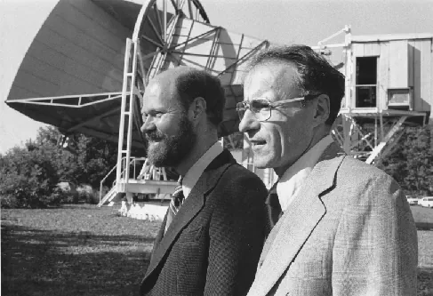 Photograph of Robert Wilson (right) and Arno Penzias (left), in front of the horn-shaped antenna used to make their Nobel Prize winning discovery.