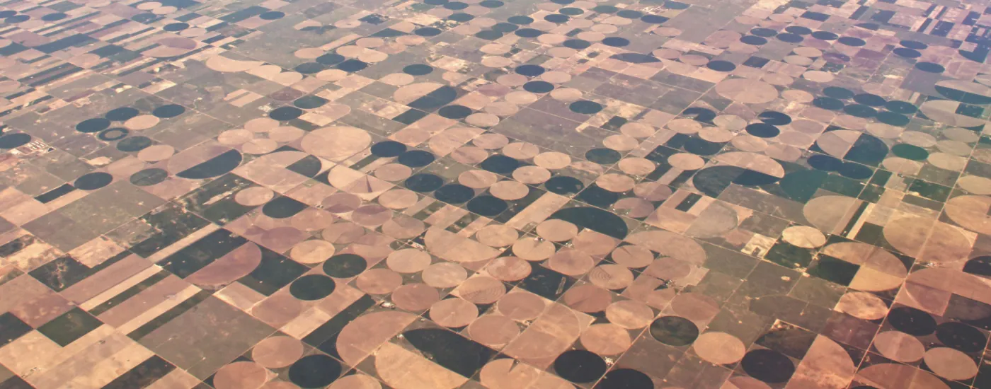 An aerial view of more than twenty circular crop fields of different sizes. Their varying colors indicate different crops or growing patterns.