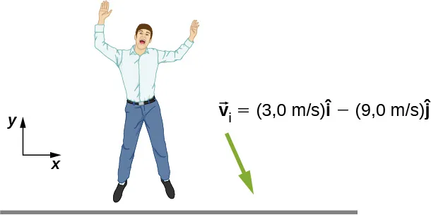 Dibujo de una persona cerca del suelo. Su vector de velocidad está dirigido hacia abajo y ligeramente hacia la izquierda y viene dado como 3,0 metros por segundo por el vector i menos 9,0 metros por segundo por el vector j. Las direcciones x y se muestran como referencia, con la x a la derecha y la y hacia arriba.