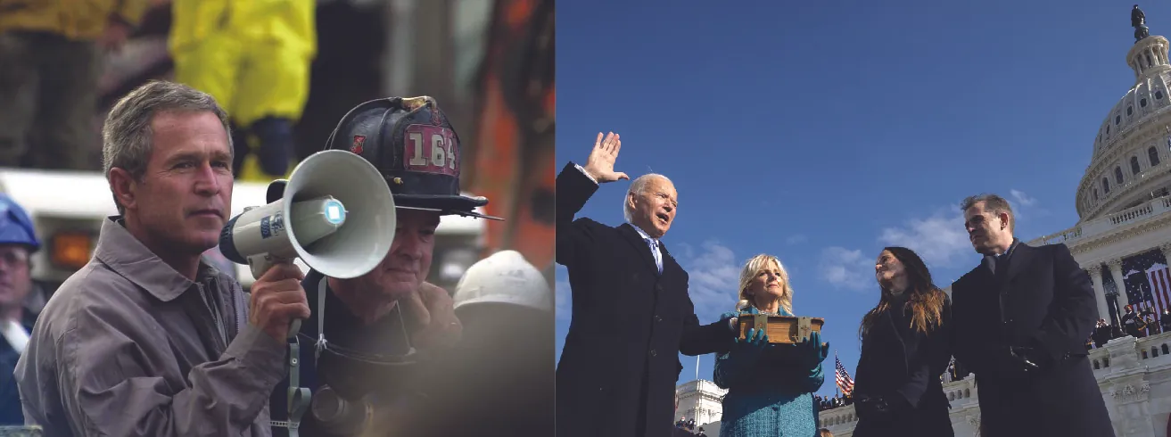 A photograph of George W. Bush speaking into a bullhorn, with his arm around the shoulder of a firefighter standing next to him. A photograph of Joe Biden being sworn in as president during his inauguration. His spouse holds the Bible he swears upon, and his adult children stand next to him. The capitol building is in the background.