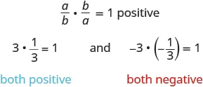 “a” over “b” multiplied by “b” over “a” equals positive one.