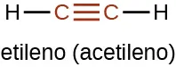 Se muestra la fórmula estructural y el nombre del etileno, también conocido como acetileno. En rojo, se muestran dos átomos de C con un triple enlace ilustrado por tres segmentos de línea horizontal entre ellos. Mostrado en negro en cada extremo de la estructura, se enlaza un solo átomo de H.