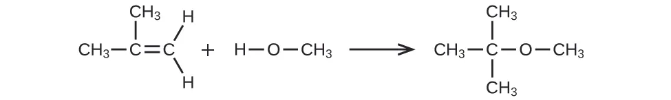 Se muestra una reacción. La primera molécula es un átomo de C enlazado a otro átomo de C. El primer átomo de C (de izquierda a derecha) está enlazado a dos grupos C H de subíndice 3. El segundo átomo de C está enlazado a dos átomos de H. Hay un signo de suma. La siguiente molécula muestra un átomo de H enlazado a un átomo de O enlazado a un grupo C H subíndice 3. Hay una flecha que apunta a la derecha. Esta molécula muestra un átomo de C enlazado a tres grupos C H subíndice 3. El átomo de C también está enlazado a un átomo de O que también está enlazado a un grupo C H subíndice 3.