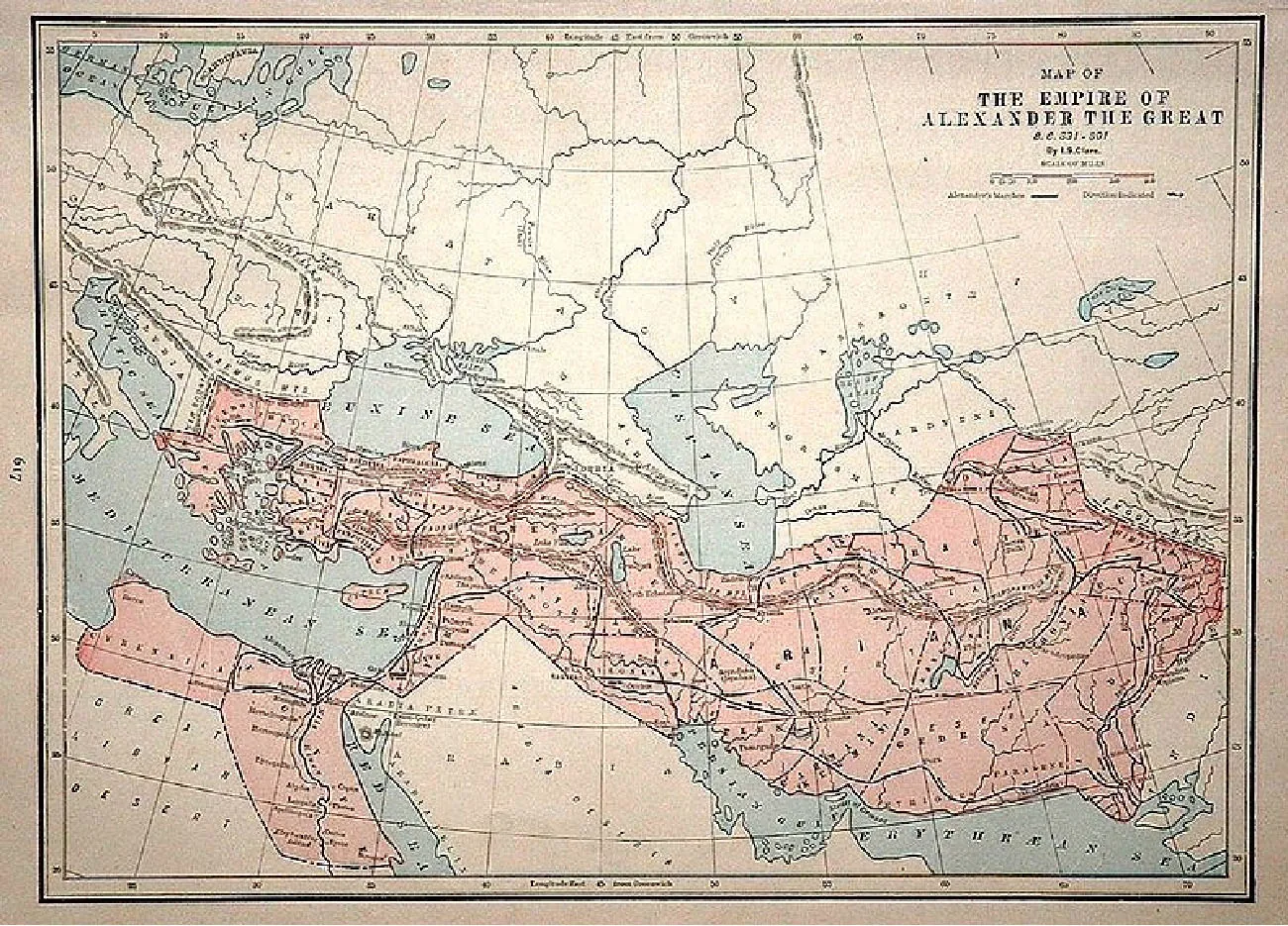 A map is shown labelled “Map of The Empire of Alexander the Great” in the top right corner. A scale is shown below the title. The map shows water in blue and land in off-white, with blue and black lines running throughout. The Adriatic Sea, the Mediterranean Sea, and the Euxine Sea are labelled in the west section of the map, The Red Sea is labelled in the southwest and the Persian Gulf and the Erythræan Sea are labelled in the southeast. The Caspian Sea is labelled in the middle of the map. An area from the Adriatic Sea in the west, heading east to the end of the map, bordered at the south by the Persian Gulf and the Erythræan Sea and to the north by the Caspian Sea, is highlighted pink. A section of land south of the Mediterranean Sea is also highlighted pink.