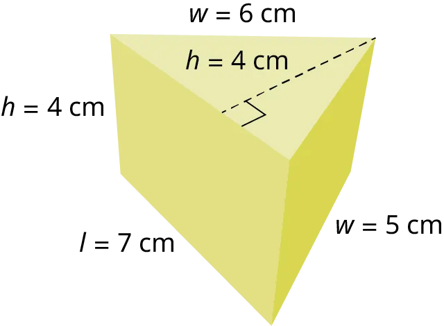 A triangular prism. The sides of the triangle are labeled l equals 7 centimeters, w equals 6 centimeters, and w equals 5 centimeters. The height of the triangle is labeled h equals 4 centimeters. The height of the prism is labeled h equals 4 centimeters.