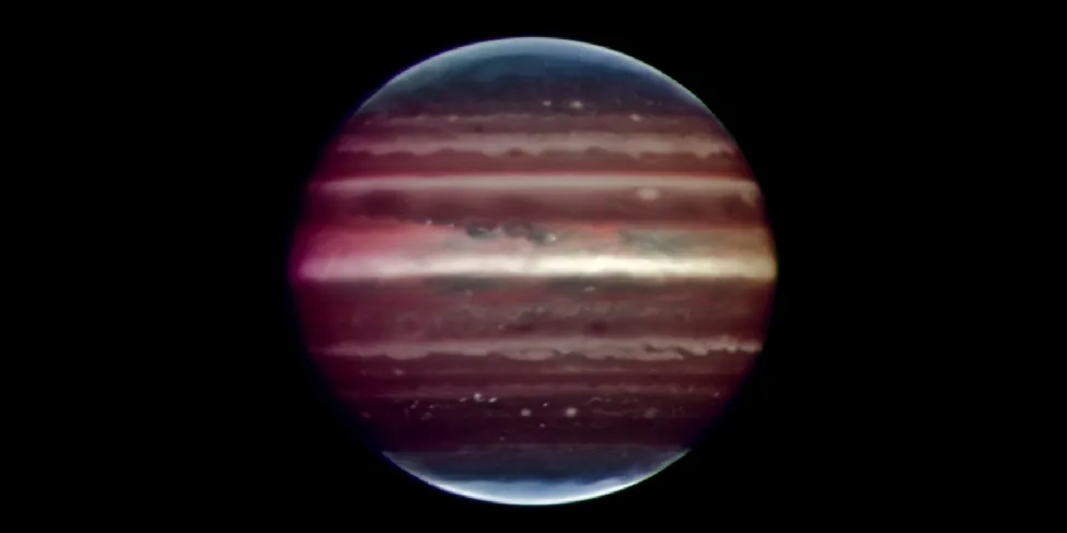 Image of the planet Jupiter taken in infrared light with adaptive optics with the Very Large Telescope in Chile. This high resolution image shows cloud details on Jupiter that rival those taken by the Hubble Space Telescope in Earth orbit.