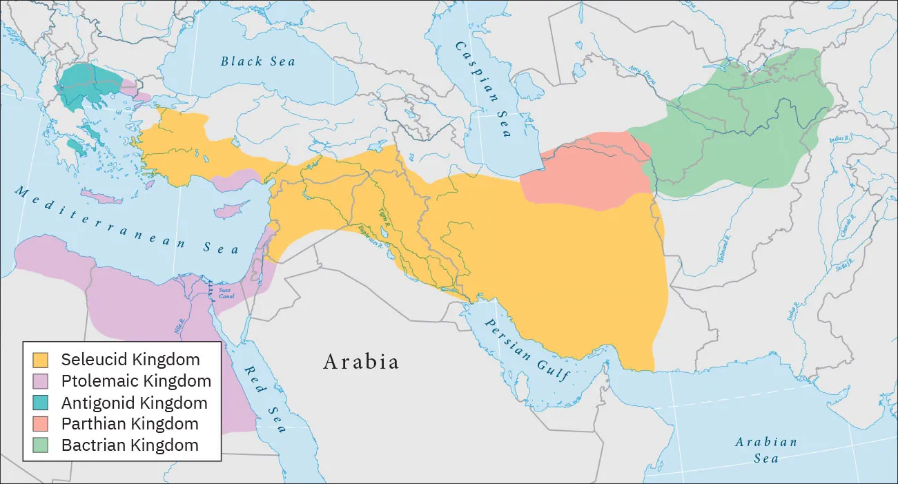 A map is shown with land highlighted gray and water blue. The Black Sea and the Mediterranean Sea are labelled in the northwestern section of the map. The Caspian Sea is labelled in the north, and the Red Sea, Persian Gulf, and Arabian Sea are labelled in the south. An area south of the Mediterranean Sea and west of the Red Sea in a “Y” shape is highlighted pink and labelled “Ptolemaic Kingdom. A large area northeast of the Mediterranean and heading east to just east of the Persian Gulf and up to almost the Caspian Sea is highlighted yellow and labelled “Seleucid Kingdom.” A very small area north of the Mediterranean Sea and west of the Black Sea is highlighted blue and labelled “Antigonid Kingdom.” An oval area at the south of the Caspian Sea is highlighted red and labelled “Parthian Kingdom.” A larger oval area to the east of the purple area is highlighted green and labelled “Bactrian Kingdom.”