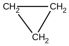 A structural formula for cyclopropane is shown. Three C H subscript 2 groups are positioned as vertices of an equilateral triangle connected with single bonds represented by line segments.