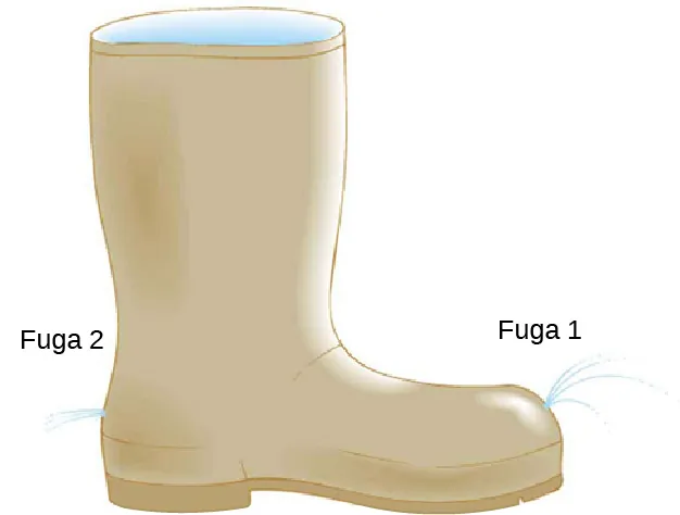 La figura es un dibujo de una bota con dos fugas situadas a la misma altura. La fuga 1 apunta hacia arriba, mientras que la fuga dos apunta horizontalmente.