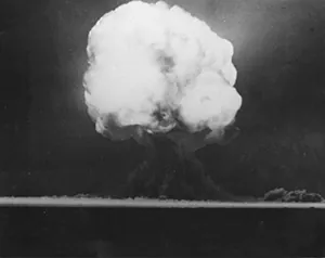 A photo showing the Trinity test, the first nuclear bomb.