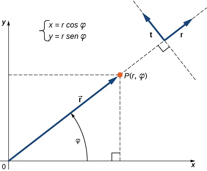 El vector r apunta desde el origen del sistema de coordenadas x y al punto P. El ángulo entre el vector r y la dirección x positiva es phi. X es igual a r coseno de phi y y es igual a r seno de phi. Prolongando una línea en la dirección del vector r más allá del punto P, se dibuja un vector unitario r en la misma dirección que r. Un vector unitario t que es perpendicular al vector unitario r, apuntando 90 grados en sentido contrario a las agujas del reloj al vector r.