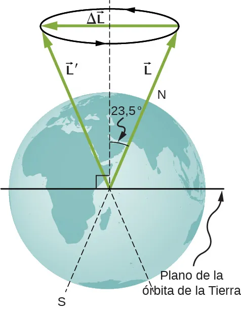 La figura muestra la imagen de la Tierra. El plano de la órbita terrestre se muestra como una línea horizontal en el ecuador. El eje norte-sur de la Tierra está inclinado en un ángulo de 23,5 grados respecto a la vertical. Hay dos vectores, L y L primo, inclinados en un ángulo de veintitrés punto cinco grados hacia la vertical, que parten desde el centro de la Tierra. El vector L pasa por el polo norte de la Tierra. En las cabezas de los dos vectores hay un círculo, dirigido en sentido contrario a las agujas del reloj, visto desde arriba. Se muestra un vector de momento angular, Delta L, dirigido hacia la izquierda, a lo largo de su diámetro.