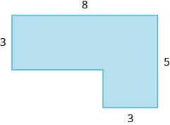 A geometric shape is shown, formed by two rectangles. The top is labeled 8. The width of the top rectangle is labeled 3. The right side of the figure is labeled 5. The width of the bottom rectangle is labeled 3.