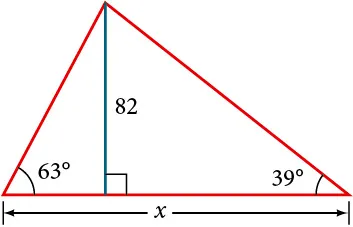 A triangle with angles of 63 degrees and 39 degrees and side x. Bisector in triangle with length of 82.