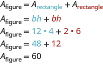 The first line says A sub figure equals A sub rectangle plus A sub red rectangle. Below this is A sub figure equals bh plus red bh. Below this is A sub figure equals 12 times 4 plus red 2 times 6. Below this is A sub figure equals 48 plus red 12. Below this is A sub figure equals 60.