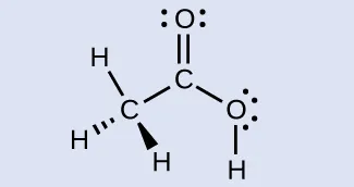 Se muestra una estructura de Lewis en la que un átomo de carbono tiene un doble enlace con un átomo de oxígeno que tiene dos pares solitarios de electrones y un enlace simple con otro átomo de oxígeno que tiene un enlace simple con un átomo de hidrógeno. Este segundo átomo de oxígeno tiene dos pares solitarios de electrones. El carbono también está unido con enlace simple a un átomo de carbono que está unido con enlace simple a tres átomos de hidrógeno.