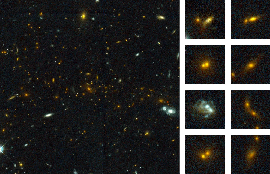 Collisions of Galaxies in a Distant Cluster. The large panel at left is an HST image of a cluster of galaxies at a distance of about 8 billion light-years. The eight smaller panels at right show close-ups of some of the colliding galaxies in this cluster of galaxies.