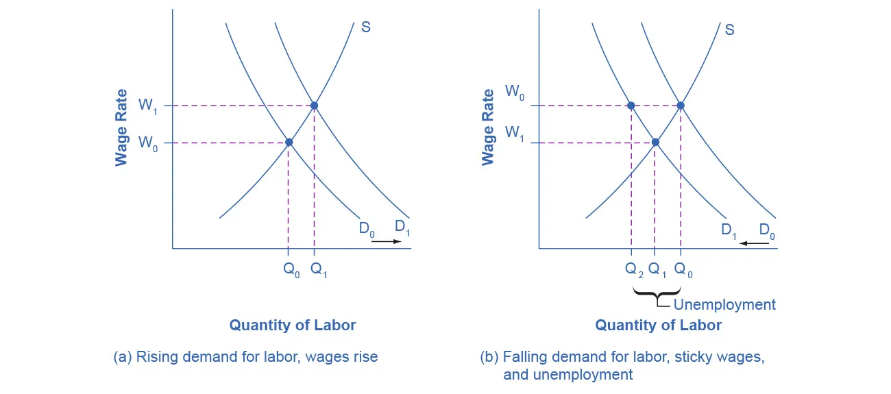 The graphs show how supply and demand influence unemployment.
