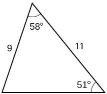 A triangle. One angle is 58 degrees with opposite side unknown. Another angle is 51 degrees with opposite side = 9. The side adjacent to the two given angles is 11.
