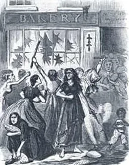 An illustration shows a crowd of women and children, some of whom are gaunt and scantily dressed, breaking the windows of a storefront marked “Bakery” with sticks and running off with loaves of bread.