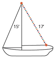 A picture of a boat is shown. The height of the center pole is labeled 15 feet. The string of lights is at a diagonal from the top of the pole and is labeled 17 feet.