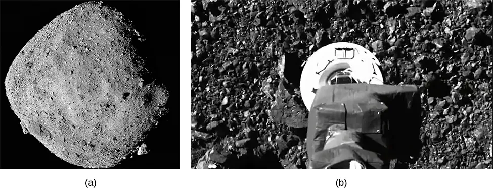 a) Image of near-Earth Asteroid Bennu; b) Image of the collection arm on Bennu just before touch-down on Bennu.