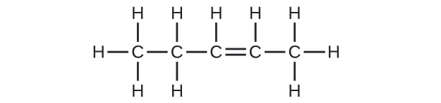 Se muestra una cadena de cinco átomos de C. El primer átomo de C (de izquierda a derecha) forma un enlace simple con el segundo átomo de C. El segundo átomo de C forma un enlace simple con el tercer átomo de C. El tercer átomo de C forma un doble enlace con el cuarto átomo de C. El cuarto átomo de C forma un enlace simple con el quinto átomo de C. El primer átomo de C (de izquierda a derecha) tiene tres átomos de H enlazados. El segundo átomo de C tiene dos átomos de H enlazados a este. El tercer átomo de C tiene un átomo de H enlazado. El cuarto átomo de C tiene un átomo de H enlazado. El quinto átomo de C tiene tres átomos de H enlazados.