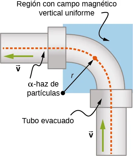 Una ilustración del dispositivo propuesto. Las partículas alfa entran en el fondo de una tubería evacuada y se mueven hacia arriba. La tubería hace una curva de 90 grados, radio r, hacia la izquierda, y luego continúa horizontalmente. El rayo de partículas sale por la izquierda. La curva se encuentra en una región con un campo magnético uniforme.