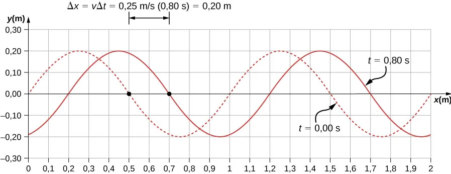 Rysunek pokazuje dwie fale poprzeczne, dla których wartości y zmieniają się między -0,2 m a 0,2 m. Jedna fala, oznaczona jako t=0 s jest narysowana linią przerywaną. Posiada grzbiety dla x równego 0,25 m i 1,25 m. Druga fala, oznaczona jako t=0,8 s jest narysowana ciągłą linią. Posiada grzbiety dla x równych 0,45 m i 1.45 m.