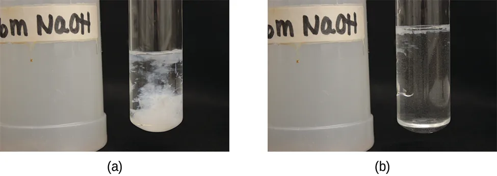 Esta figura tiene dos fotos. La primera foto muestra una botella marcada como NaOH y un tubo de ensayo que contiene un líquido. Parece que hay una sustancia blanca en el líquido. La segunda foto está estructurada de forma similar, pero el tubo de ensayo ahora solo contiene un líquido claro.