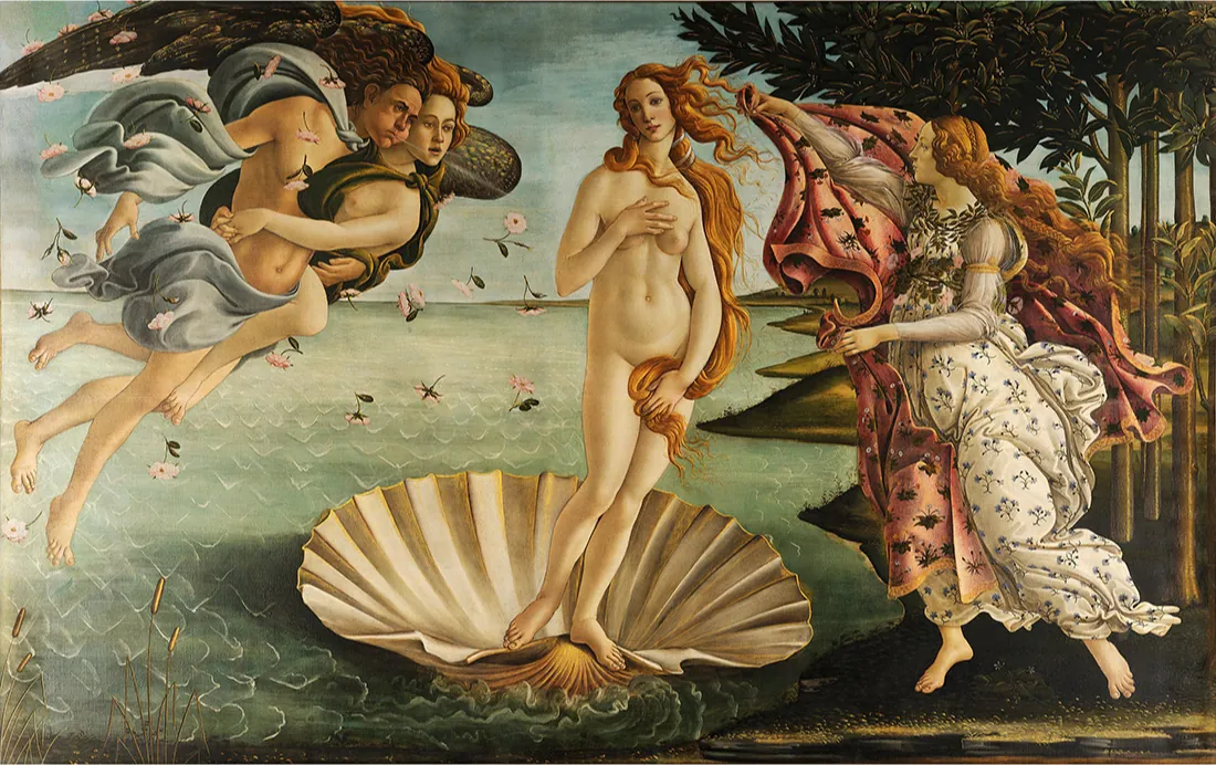 An image of a painting of wavy bluish-green water is shown with a blue sky in the background and tall green trees at the right. In the middle of the image, a pale, naked woman with long red, curly hair stands at the front of a giant golden colored scalloped shell. Her long hair blows to the right of the image and she holds some of her hair in front of her pelvis and her hands partially cover her breasts. In the left portion of the image a man in blue cloths covering his pelvis and draped from his shoulders is floating in the air holding a naked woman with a brown cloth tied around her shoulders. She has red hair and pale skin. Both have dark wings and are blowing white air at the naked woman in the shell. Pink flowers with green leaves are falling around the man and woman. In the right of the image a woman with long curly and braided orange hair is dressed in a white dress decorated with black flowers. She appears to be floating close to the shore and holds a large light red cloth with decorations all over toward the naked woman in the shell.