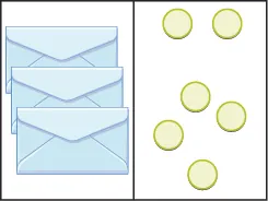 This image has two columns. In the first column are three envelopes. In the second column there are six blue circles.