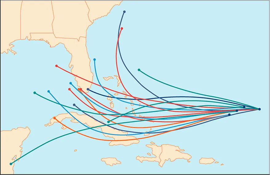 Spaghetti map of the possible paths for a hurricane over the Southeastern United States