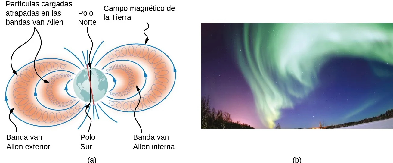 La figura a es una ilustración de los cinturones de radiación de Van Allen. Las partículas cargadas se mueven en hélices paralelas a las líneas de campo y quedan atrapadas entre ellas. La figura b es una fotografía de la aurora boreal.