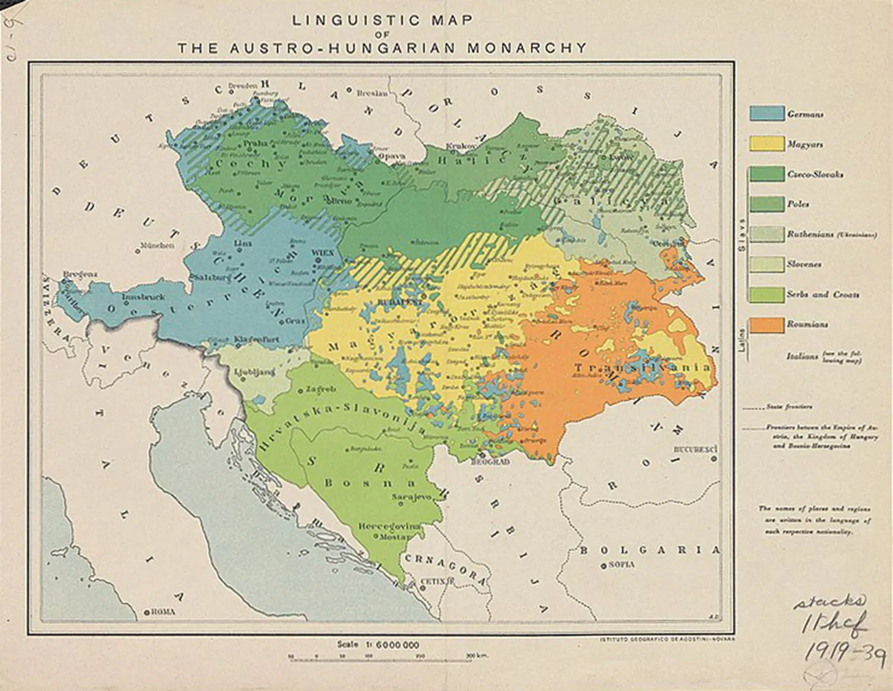 The map is titled “Linguistic Map of the Austro-Hungarian Monarchy.” The map is divided into eight regions that have some overlap: The western region is labeled Germans; the central region is labeled Magyars. The following regions are categorized as Slavs: the northern region is labeled Czeco-Slovaks; a smaller northern region is labeled Poles; the northeastern corner is labeled Ruthenians (Ukrainians); a small region in the west is labeled Slovenes; the southern region is labeled Serbs and Croats; the southeastern region is labeled Roumians.