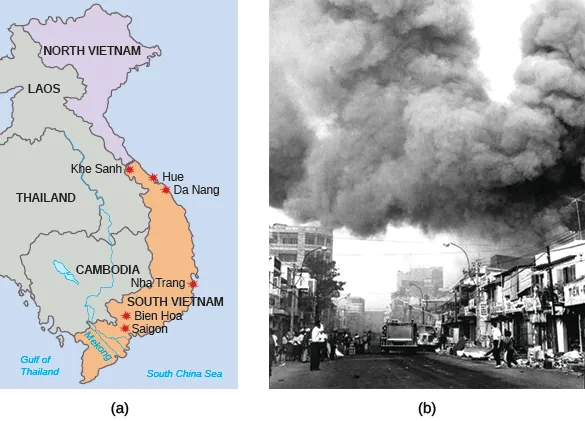 Map (a) shows Southeast Asia, with labels for North Vietnam, Laos, Thailand, Cambodia, and South Vietnam, as well as Khe Sanh, Hue, Da Nang, Nha Trang, Bien Hoa, and Saigon. Photograph (b) shows a Saigon street with massive plumes of black smoke rising above it.
