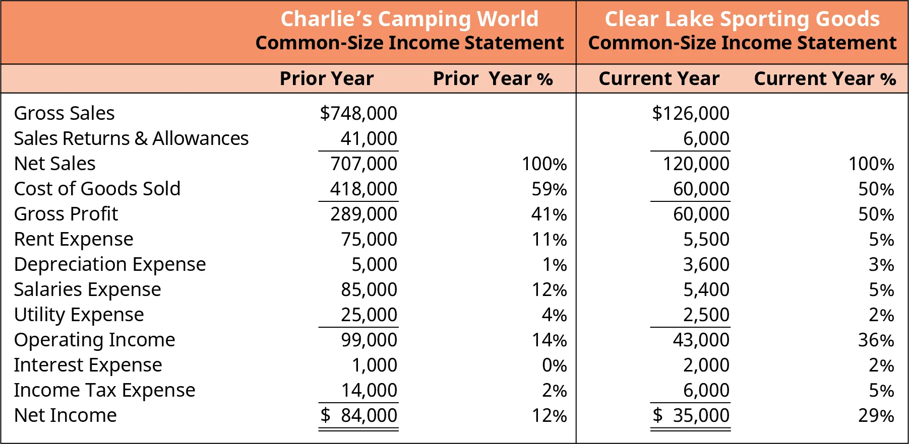 Charlie’s Camping World and Clear Lake Sporting Good Comparison of Common-Size Income Statements. It shows the percentage figures of various assets and liabilities against the total assets and total liabilities for the prior and current years. Clear Lake spends 50% of its sales on cost of goods sold while Charlie spends 59%. Charlie spends 11% of its sales on building rent, while Clear Lake spends only 5%. Depreciation expense is smaller for Charlie. Charlie’s salaries percentage is higher at 12% than Clear Lake’s 5%.